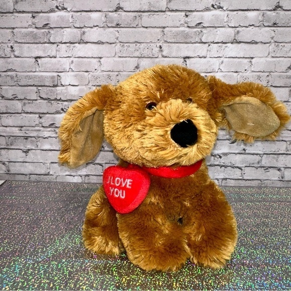 Christa Playful Plush I LOVE YOU Tan DOG Plush Stuffed Animal Red Heart Shaggy - Picture 2 of 11